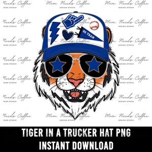 Tijgers honkbal PNG, overdracht, mascotte, digitale download png, truckerhoed, blauw, schoolgeest ontwerp, sublimatie, afdrukbare clipart,
