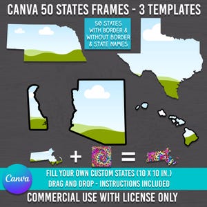 May include: A digital download of 50 US state outlines, with and without borders, and state names. The outlines are in a simple, cartoon style with green grass and blue sky. The image shows examples of the outlines, with a text overlay that says "FILL YOUR OWN CUSTOM STATES (10 X 10 IN.) DRAG AND DROP - INSTRUCTIONS INCLUDED COMMERCIAL USE WITH LICENSE ONLY".