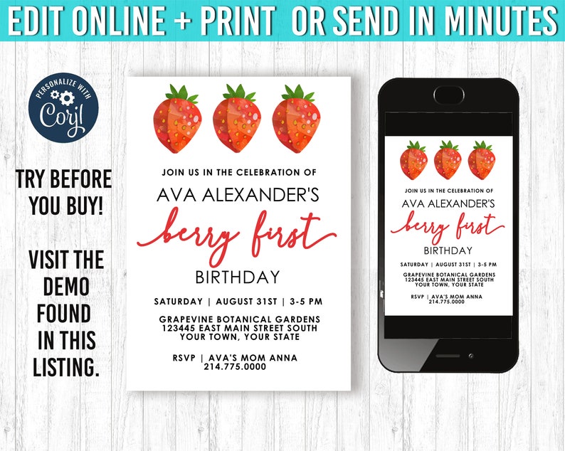 K&ouml;nnte beinhalten: Eine wei&szlig;e Einladung mit roten Erdbeerillustrationen und Text f&uuml;r eine "Berry First"-Geburtstagsfeier. Die Einladung enth&auml;lt Veranstaltungsdetails und ein Telefonmodell. Der Text lautet "Online bearbeiten + drucken oder in Minuten senden."