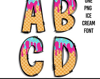 Ice Cream Drip PNG Alphabet, Pink & Blue Doodle Font (Digital Download)