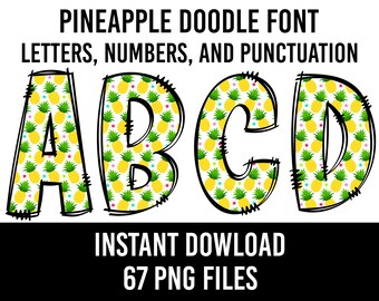 Pineapple Alphabet Doodle Font Summer Letters Hawaiian Numbers PNG Font Sublimation Tropical Letters Instant Download