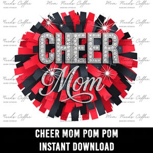 Cheer Mom Black and Red Pom Pom Clipart, Gameday Sublimation, Cut and Print, Team Sublimation, Cheerleading PNG, Cheerleading, Red and Black