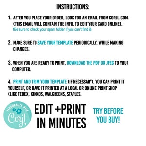 May include: Instructions for editing and printing a template are displayed. The text includes steps to find an email, save the template, download the PDF or JPEG, and print. The image also features the text "EDIT + PRINT IN MINUTES" and "TRY BEFORE YOU BUY!"