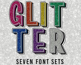 Digital Glitter PNG Alphabets, 12 Pack Bundle, Faux Embroidery, Glitz Alpha, Sparkle Font, Pink, Blue, Red, Purple, Yellow, and Silver