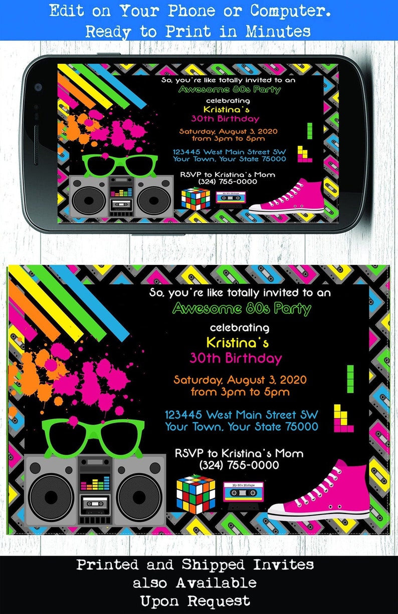 80s invitation You EDIT and PRINT 5x7 80s birthday invitation | Etsy