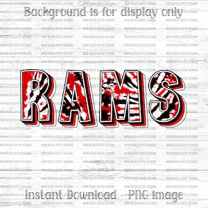 May include: Red and black tie-dye "RAMS" text with a white outline and a red shadow. The background is a white woodgrain pattern.
