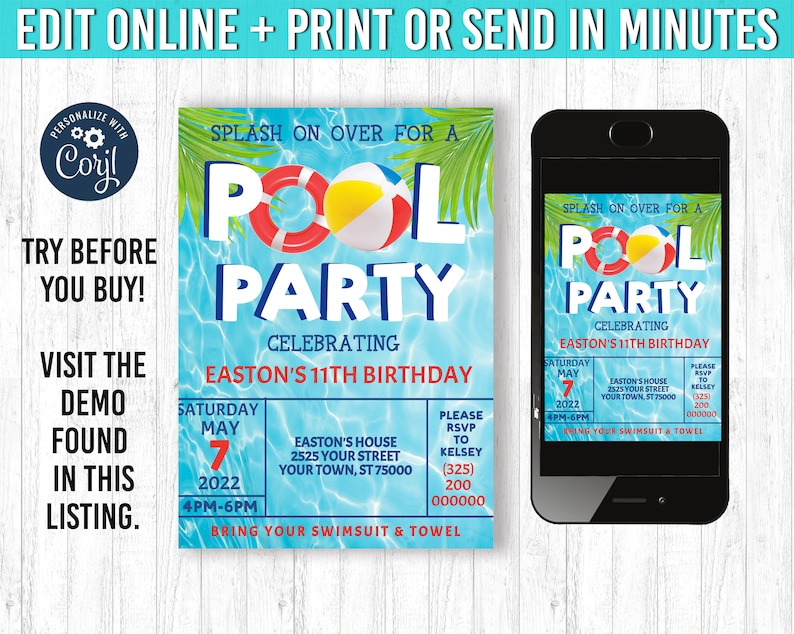 May include: A pool party invitation with a blue water background, a red and white life preserver, and a beach ball. The invitation includes the text "Pool Party" and details for Easton's 11th birthday, including date, time, and location.