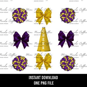 Cheer Football Coquette Bows PNG, Gameday Sublimation, Cut and Print, Team Sublimation, Cheerleading PNG, Footballs, Purple, Gold