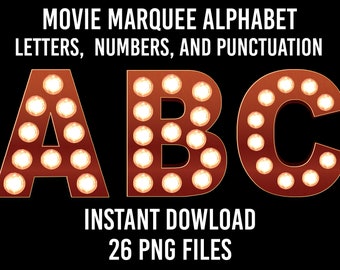 Movie Marquee Lights Alphabet 26 Letters, PNG Sublimation Marquee Lights Sublimation Movie Letters Marquee Alphabet Digital Download Movie