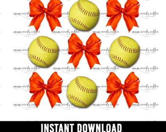 Softbälle und Bögen PNG, Koquette Bögen PNG, Spieltag Sublimation, Home Run, Schneiden und Drucken, Team Sublimation, Softball PNG, Softball, Orange