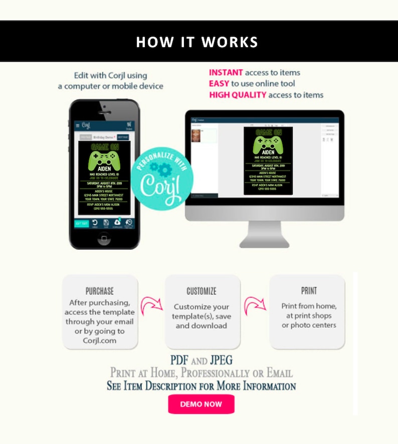 May include: An infographic showing how to use a digital template. The process includes editing with Corjl, customizing, and printing. The text includes "Game On" and "Aiden" on a birthday invitation. The image also includes the text "Demo Now".