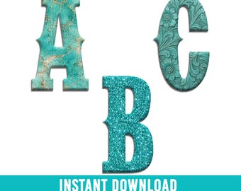Western Fonts Set PNG, Turquoise Alphabets, Cowboy Letters, Sublimation Alphabets