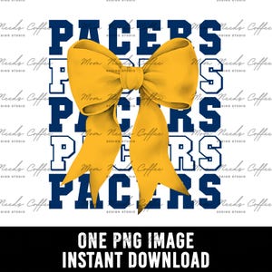 Puede incluir: Gráfico digital con la palabra "PACERS" en letras de bloque azul marino, superpuesto con un gran lazo amarillo. Las palabras "ONE PNG IMAGE INSTANT DOWNLOAD" están en un rectángulo negro en la parte inferior.