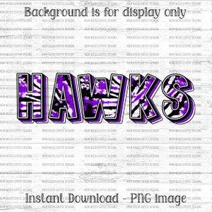 Hawks PNG Transfer Mascot Digital Download PNG, Tie-dye Purple and Black, School Spirit Design for Sublimation, Printable Clipart Transfer
