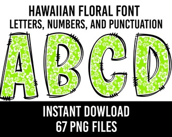 Hawaiian Alphabet Doodle Font Letters Summer Numbers PNG Font Floral Sublimation Hawaiian Shirt Letters Instant Download