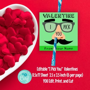 May include: Editable Valentine's Day card with a cartoon face wearing glasses and a mustache. The card says "I Pick You" and "From Your Name". The card is 3.5 inches by 3.5 inches and comes in a pack of 6.