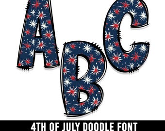 Fireworks Doodle PNG Font, Red White Blue Patriotic Alphabet, 4th of July Digital Download