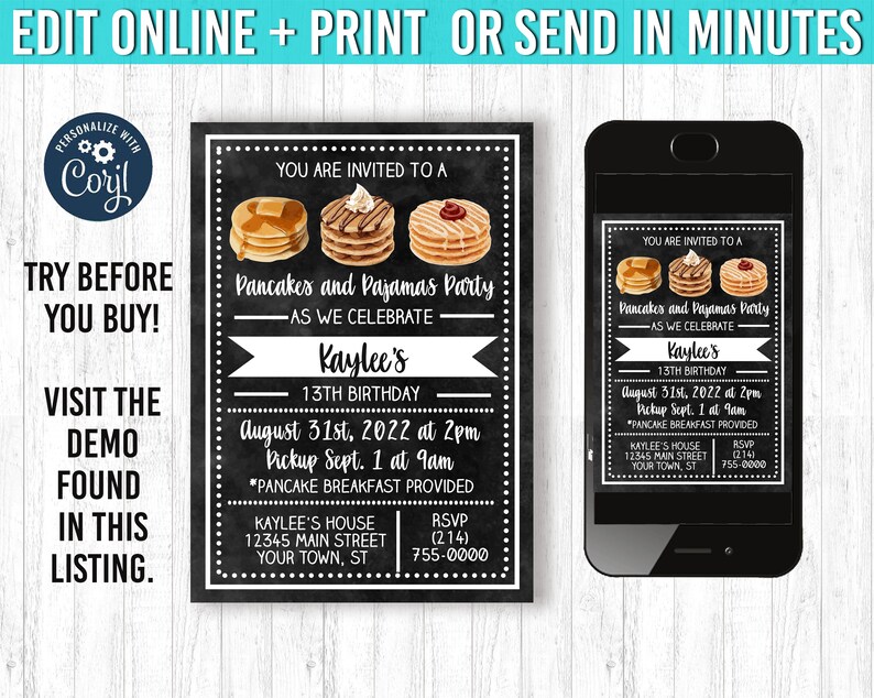 May include: Black chalkboard-style invitation for a "Pancakes and Pajamas Party" celebrating Kaylee's 13th birthday. The design includes pancake illustrations, event details, and RSVP information. A smartphone displays the invitation.