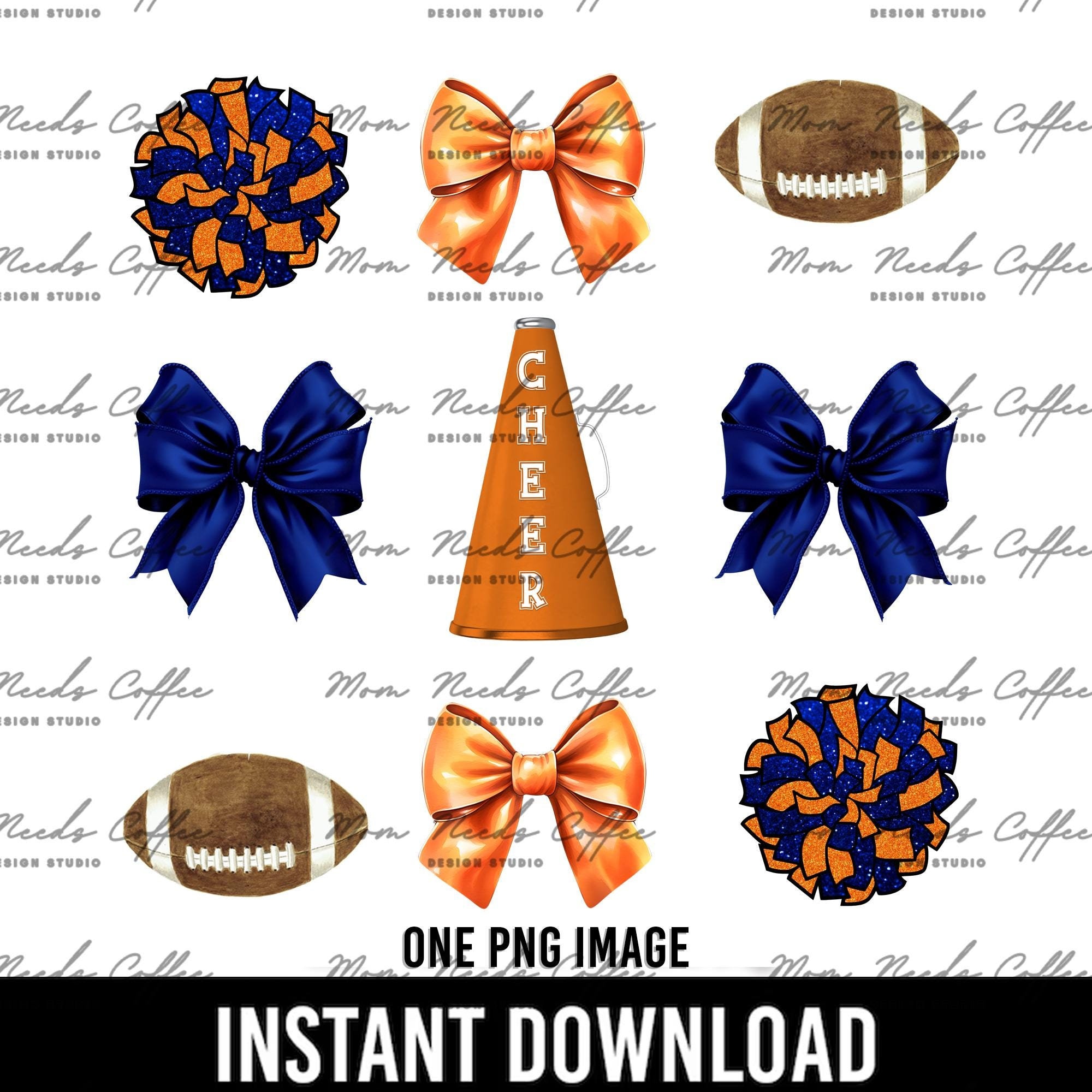 Cheer Football Coquette Bows PNG, Gameday Sublimation, Cut and Print, Team Sublimation, Cheerleading PNG, Footballs, Orange, Blue