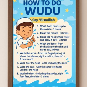 Stap voor stap Wudu-grafiek, Wudu-poster, kinderkunst, educatieve kunst, kunst aan de muur, badkamerkunst, islamitische kunst, leren kinderen, kinderposter badkamerinrichting