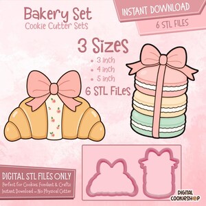Puede incluir: Set de panadería digital con diseños de cortadores de galletas. Incluye un cruasán con lazo, una pila de macarons y dos contornos de cortadores de galletas. El set viene en 3 tamaños: 7.6, 10.2 y 12.7 cm.