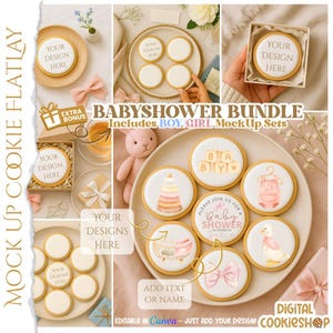 Puede incluir: Una imagen de disposición plana con galletas con glaseado blanco y diseños temáticos de bebés. La imagen incluye el texto "BABYSHOWER BUNDLE" y "YOUR DESIGN HERE". Otros elementos incluyen un lazo rosa, un conejito de peluche y cajas de regalo.
