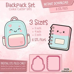 Könnte beinhalten: Digitales Ausstechersets mit Rucksack- und Notizbuch-Designs. Das Set enthält Größen von 3 Zoll, 4 Zoll und 5 Zoll (7,6, 10,2 und 12,7 cm). Der Rucksack ist hellblau und rosa mit einem lächelnden Gesicht. Das Notizbuch ist rosa und hellblau.