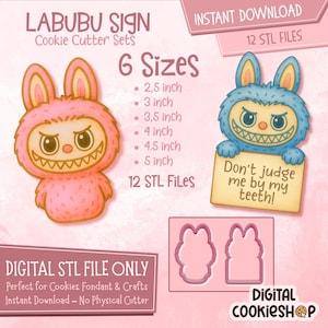 Labubu Sign Cookie Cutter STL Set – 12 Digital Files in 6 Sizes – Pop Mart Inspired – Kawaii Monster – Instant Download – 3D Printable
