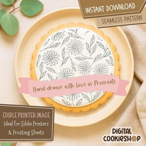 May include: A digital cookie cutter design featuring a seamless pattern of black and white daisies and leaves. The design is displayed on a cookie on a plate.