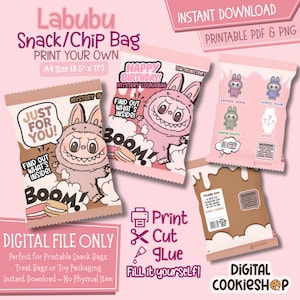 Labubu Printable Chip Bag – Szablon na torbę na ciasteczka, przekąski lub smakołyki – Cyfrowy upominek na przyjęcie – Natychmiastowe pobranie pliku PDF PNG