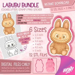 Labubu Cookie Cutter Stamp Bundle | PNG Sticker | Coloring Page | Printable STL File | Eddie Printer Digital Download | Printable Crafts