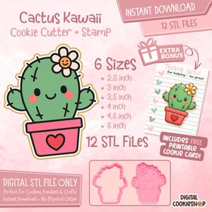Cortador de galletas con forma de cactus regordete + sello / Set de regalo "Gracias" para el profesor / STL + tarjeta / Fondant, arcilla, manualidades