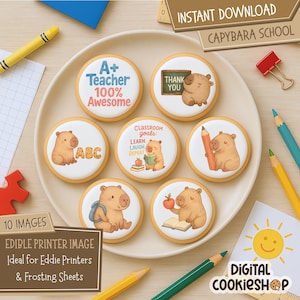 May include: A plate of decorated cookies with a school theme. The cookies feature images of capybaras, pencils, and apples, with text like "A+ Teacher" and "Thank You." The image also includes pencils, a red clip, and the text "Instant Download Capybara School."