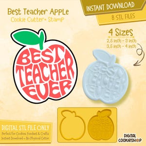 Puede incluir: Un juego de cortador y sello de galletas con forma de manzana con el texto "Best Teacher Ever". El diseño incluye una manzana roja con una hoja verde, un sello blanco y un molde amarillo. El juego está disponible en cuatro tamaños: 6,35 cm a 10,16 cm.