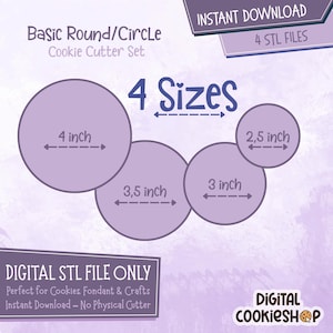 Puede incluir: Una descarga digital de cuatro archivos STL para un juego básico de cortadores de galletas redondos. El juego incluye cuatro tamaños: 10 cm, 9 cm, 7,5 cm y 6,5 cm. La imagen muestra un fondo morado con los tamaños de los cortadores de galletas mostrados en blanco.