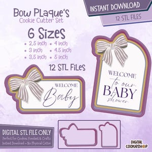 Op de afbeelding: Digitale STL-bestandenset voor koekjessnijders met strikplaque. Bevat 6 maten: 6,35, 7,62, 8,89, 10,16, 11,43 en 12,7 cm. Met een strikdesign en de tekst "Welcome Baby".