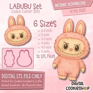 Tagliabiscotti Labubu STL – Stile Pop Mart – Set di mostri carini – Download digitale stampabile in 3D – 12 file STL – Design di biscotti kawaii
