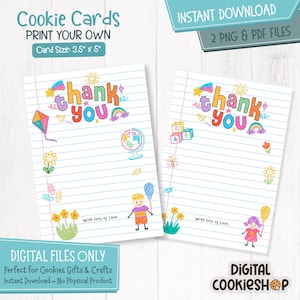 Afdrukbare bedankkaartjes – kaart van 3,5 x 5 inch voor koekjes, lekkernijen en cadeaus – waardering voor de leraar of einde school – direct downloaden