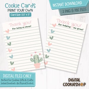 Afdrukbare achterkantjes van koekjeskaarten – bedankkaartjes cactus – waarderingsbriefjes voor docenten – afdrukbare cadeaukaartjes – direct downloaden