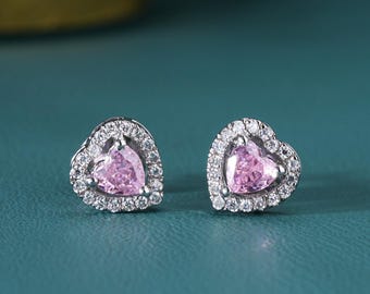 Pink Heart Stud Earrings, Sterling Silver 925, Gold & Rose Gold Plated, moissanite diamond