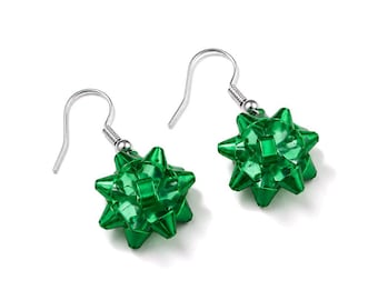 Christmas Bow Earrings • Green Festive Drop Earrings • Lightweight Holiday Gift Jewelry