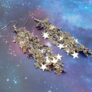 Silver-Tone Star Dangle Earrings – Celestial Statement Jewelry, Long Drop Earrings, Cosmic Gift for Her, Festival & Party Accessories