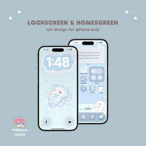 May include: Two iPhones showing a light blue lockscreen and homescreen design with a cloud and dog illustration. The text on the screen reads "LOCKSCREEN & HOMESCREEN" and "10f1 design for iphone only". The time is 1:48 and 1:49.
