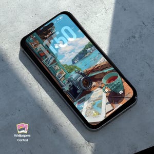 May include: A smartphone displays a scenic wallpaper with a vintage camera, a teacup, and a coastal view. The screen shows the time as 11:50 and the date as Tue 14 Oct. The phone is black and has a screen protector. The logo "Wallpapers Central" is visible.
