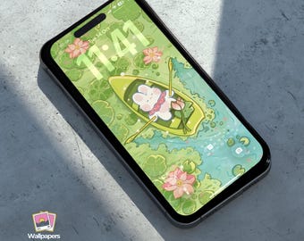 Kawaii Bunny Paddling in a Pond Phone Wallpaper | Adorable Lotus Boat | iPhone Android Digital Download