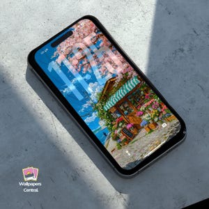 May include: A smartphone with a black frame displays a floral shop scene with a blue sky and pink blossoms. The time, 11:25, is visible on the screen. The phone is on a gray surface, with the "Wallpapers Central" logo in the corner.