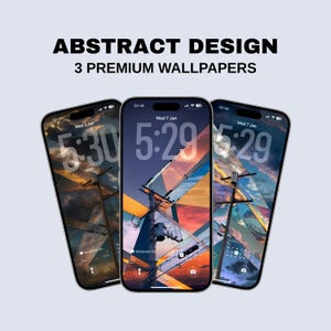 May include: Three smartphones displaying abstract wallpapers with a colorful sky and utility poles. The screens show the time as 5:30 and 5:29. The text "ABSTRACT DESIGN" and "3 PREMIUM WALLPAPERS" is at the top.