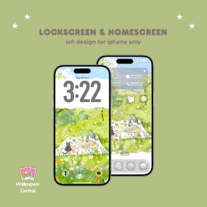 Puede incluir: Dos iPhones que muestran un fondo de pantalla de escena de picnic con gatos, comida y flores. La pantalla de bloqueo muestra la hora y la fecha. El texto dice "LOCKSCREEN & HOMESCREEN" y "10f1 design for iphone only". El logotipo de "Wallpapers Central" está en la esquina.