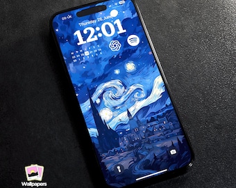 Starry Night Style Village iPhone Wallpaper | Van Gogh Digital Download