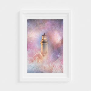 May include: A white lighthouse stands tall against a backdrop of swirling pink and purple clouds, resembling a galaxy. The lighthouse is surrounded by a bright, ethereal glow.